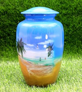 Metal Cremation Urn <b>Memorial</b> Jar Pot Container Medium Size Urn for Funeral Ashes Burial Wave Printed Metal Urn Multicolor - Product Image 4
