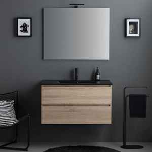 Meuble de salle de bain minimaliste mural de 90 cm avec 2 tiroirs en chêne, lavabo noir, miroir 90x70, lampe Belize, ensemble complet - Product Image 2