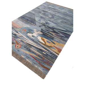 Alfombra Manchaha Azul de Lana y Seda de Bambú Anudada a Mano, 10 mm, Rectangular, para Pasillo, Modelo Les-2455, Abstracta, Hecha a Mano - Product Image 2