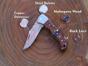 Cuchillo plegable de acero de Damasco de cobre, cuchillo de caza efectivo de bolsillo para acampar, cuchillos plegables de supervivencia - Product Image 4