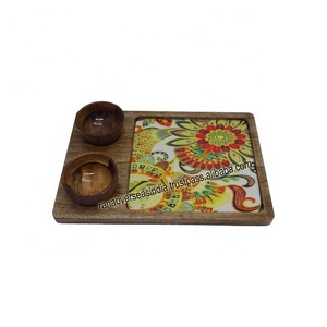 Solid Color Enamel Classic Rectangle Wooden Chip and Dip Platter with Dip Bowl <b>Tray</b> for Serving <b>Snacks</b> and Starters - Product Image 2