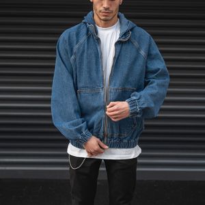 Veste d'hiver en denim à capuche pour homme, surdimensionnée, 90% coton, 10% polyester, entièrement zippée, bleu marine, vente en gros OEM 2023 - Product Image 4