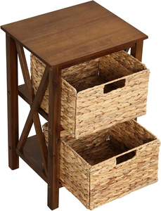 Natural <b>Wooden</b> Bedside Table With Drawers Water Hyacinth <b>Basket</b> Cabinet Accent End Table For Living Room Bedroom - Product Image 5