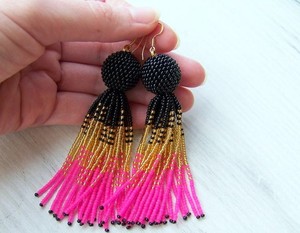 <b>Beaded</b> Tassel Ombre Earrings Luxury Black Gold and White <b>Beaded</b> <b>Fringe</b> Earrings -long - Product Image 5