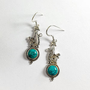 Vintage Style Turquoise Drop <b>Earrings</b> in 925 <b>Silver</b> - Classic Round Cabochon Wedding Party Wear <b>Dangle</b> Jewelry - Product Image 1