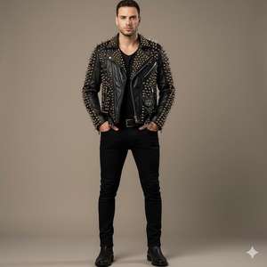 Chaqueta de Motociclista de Manga Larga con Pedrería de Alta Calidad para Hombre, de Lana, Resistente al Viento, para Otoño e Invierno, Última Moda, Cuero Genuino - Product Image 4