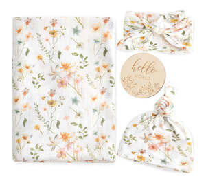 Ensemble de 4 pièces, couverture en mousseline 100% biologique, ensemble de lange floral avec chapeau assorti, nœud, annonce de naissance en bois, écologique, 200TC - Product Image 1