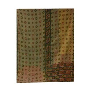 Wholesale green color patchwork evergreen hand stitched comfortable Indian vintage sari kantha quilt, recycled blanket & throw