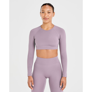 Top corto de manga larga con grapas morado malva único para mujer, camisetas cortas de entrenamiento de fitness suaves y ligeras elásticas de 4 vías para mujer - Product Image 1
