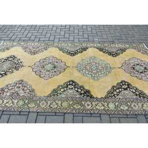 Vintage Large Rug 4.7x9.4 ft, <b>Yellow</b> Floral Turkish <b>Wool</b> Rug - Product Image 3