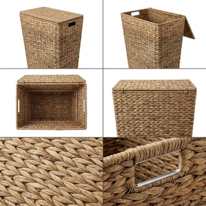 Natural Banana Bark Storage <b>Basket</b> Rectangular Laundry Hamper Hinged Lid Cutout Handle Clothes Bin Setup Pure Art Room Decor Art - Product Image 3