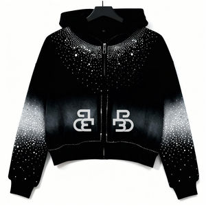 Sweat-shirt surdimensionné vintage brodé personnalisé Glory, coupe et couture, lavage à l'acide, entièrement orné de strass, fermeture éclair, pour hommes - Product Image 1