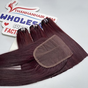 VENTE OFF 20% Combo 3 faisceaux trame + fermeture à lacet 4x4 os droit rouge vin couleur extension de cheveux humains génie trame - Product Image 5