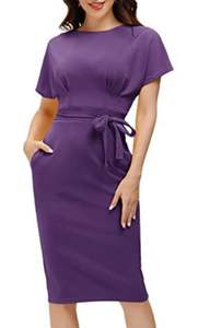 Vestido de trabajo de oficina de verano para mujer con cintura curva, vestido ceñido al cuerpo de crepé con logotipo frontal, vestido con cinturón y bolsillo - Product Image 3