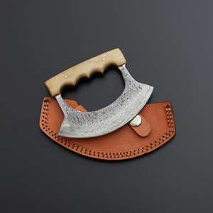 Handmade Damascus Stainless Steel Blade Ulu <b>Knife</b> Bone <b>Safe</b> Leather Sheath 0.354in Thickness Multi-Use Kitchen <b>Knife</b> DIY OEM - Product Image 2