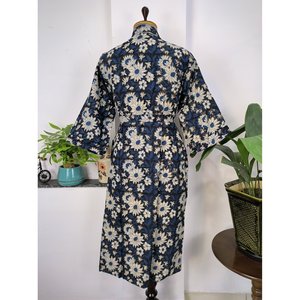 Kimono Boho de Algodón Puro Estampado a Mano, Vestido de Playa de Lujo para Vacaciones de Verano, Color Marfil Blanco con Flores Amarillas, Tela Tejida - Product Image 6