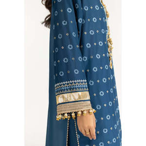 ชุดสูทผ้าซาตินสีน้ำเงิน 3 ชิ้น พิมพ์ลายทอง สำหรับผู้หญิง สไตล์ลำลองสำหรับใส่ทำงาน ตกแต่งด้วยกระดุม - Product Image 3