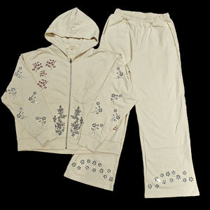 Conjunto de Dos Piezas de Sudadera con Capucha y Pantalones Deportivos con Cremallera y Pedrería Personalizada, Estampado DTG, Estilo Vintage Lavado Ácido para Hombre, Invierno - Product Image 1