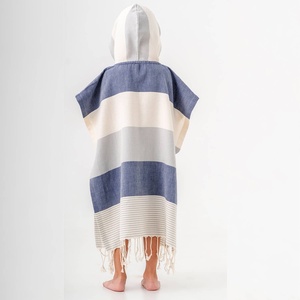 Block Stripe Kids <b>Hooded</b> <b>Towel</b> Poncho Grey & Blue / Pink & Turquoise, Ages 2-5 - Product Image 3