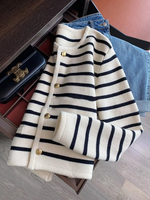 Gestreifter Strick-Cardigan für Damen, Winter, V-Ausschnitt, einreihig, lange Ärmel, normale Passform, modisch, lässig, schick, schlicht, 220g Pullover