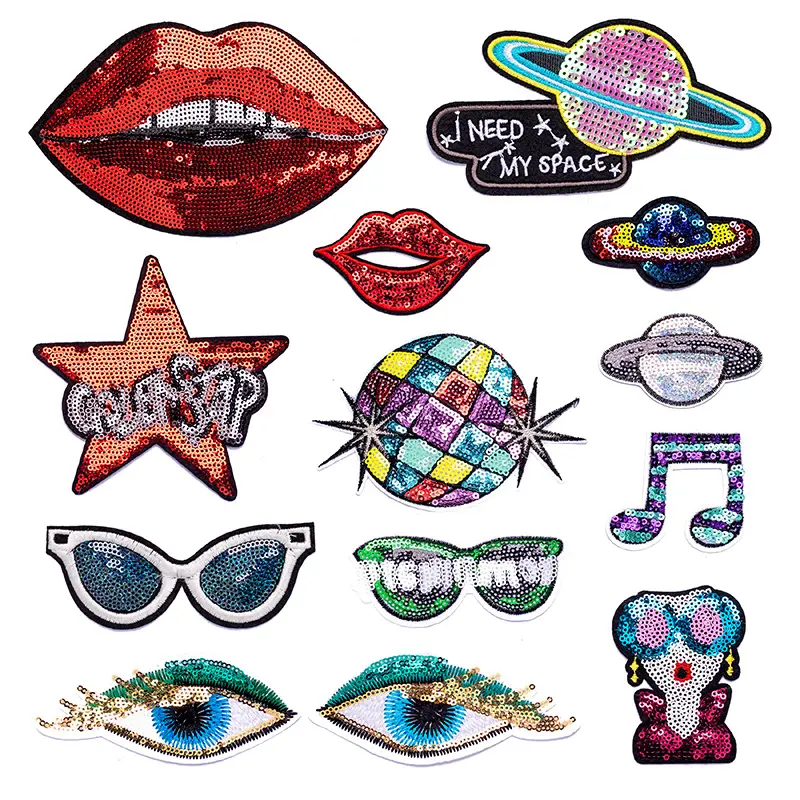 14 pcs Sequins Red Lips Embroidery Patch Fashion Disco Music Sunglasses lips for DIY Bags Clothing Decorative Stickers