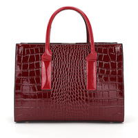 Sac à main bordeaux pour femme, structuré, rectangulaire, avec poignée supérieure, effet crocodile, fermeture éclair, finition brillante, taille moyenne, usage quotidien