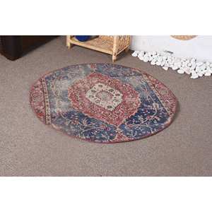 Vintage Classic Wool <b>Rug</b> Red and <b>Blue</b> Patchwork Design Large Area 3.6 X 3.4ft for Hallway or <b>Bedroom</b> with Latex Backing - Product Image 3