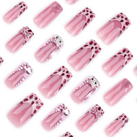 Ongles artificiels roses doux, faux ongles français mignons, charme léopard bec de canard, ongles pressés faits à la main