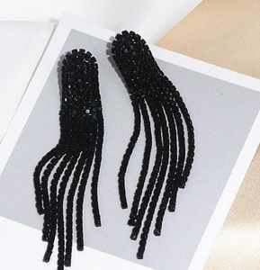 Trendy <b>Black</b> 3.5" Fringe <b>Earrings</b> | <b>Black</b> Prom <b>Earrings</b> | <b>Black</b> Pageant <b>Earrings</b> | <b>Black</b> Statement <b>Earrings</b> - Product Image 1