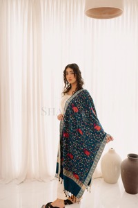 Blue Kashmiri <b>Shawl</b> Wool <b>Wrap</b> with Elegant Sozni Work Winter Accessory for Stylish <b>Women</b> Attire - Product Image 4