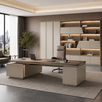 Armoire de bureau moderne en chêne clair avec portes doubles et étagères ouvertes décalées, éclairage LED intégré pour classement et rangement
