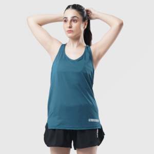 Débardeur de sport pour femme Breeze Fit, coupe courte, col halter, vert sarcelle foncé, en tissu tricoté respirant, avec logo personnalisé 3D sur le devant - Product Image 4