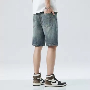 Pantalones cortos vaqueros de cintura alta Retro personalizados 2025 para hombre, ropa de calle informal de corte recto con decoración bordada, lavado de colores - Product Image 5