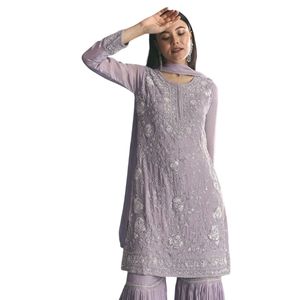 Traje lavanda Chinon Kurta Sharara con bordado Moti para fiesta de boda india elegante y traje festivo tradicional - Product Image 4