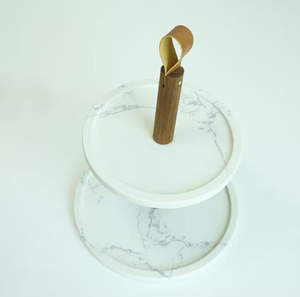 Soporte de pastel de mármol Suministro de fábrica Mango de madera de 2 niveles con piedra Soporte de pastel exigente personalizado hecho a mano - Product Image 1
