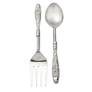 Juego de cuchara y tenedor de servicio con mango en relieve plateado de metal de lujo al mejor precio del exportador indio - Product Image 1