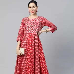 Kurta Anarkali gaun wanita, benang kerja motif etnik merah & putih 2024 Anarkali katun panjang sepergelangan kaki Kurta untuk wanita