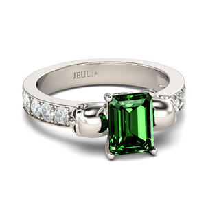 Jeulia Men's Rhodium Plated Sterling <b>Silver</b> Two Skull <b>Ring</b> with <b>Emerald</b> Cut Diamond - Product Image 3