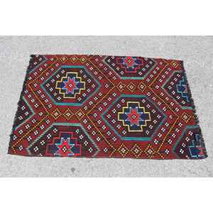 Alfombra Turca Vintage Pequeña de 3x4.6 pies, Alfombra de Lana Roja Kilim - Product Image 3