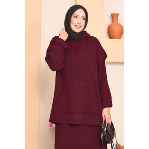 Burgundy Hooded Sweater and Two-Piece Dress <b>Set</b> with Breathable Hijab Detail Elegant and Comfortable Outfit - Product Image 2