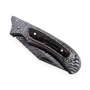 Couteau pliant de survie en plein air fait main à prix abordable, avec étui en cuir, manche en bois et lame en acier Damas - Product Image 3