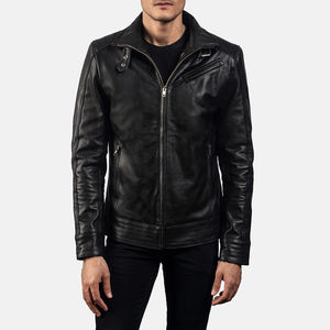 Dean Brown unisexe hiver Biker veste véritable peau de mouton aniline cuir matelassé Satin doublure col Mandarin toile broderie - Product Image 1