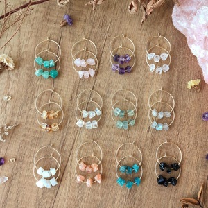 925 Solid Sterling <b>Silver</b> Fine Dangle <b>Earrings</b> with Gold Plating Small Delicate Raw Natural Multi Stone Hoop <b>Earrings</b> - Product Image 3