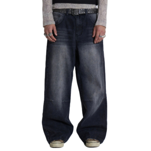 Pantalones vaqueros de mezclilla lavados a la piedra de pierna ancha, cintura alta, corte holgado, de algodón, estilo urbano para hombre, estilo otoñal - Product Image 4