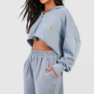 100% algodón al por mayor 2 piezas chándal mujer manga larga y corta sudadera pantalones cortos conjunto para damas dos piezas Sudadera con capucha conjuntos cortos - Product Image 3