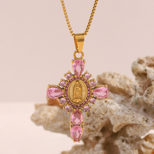 Dreamshow la Vierge <span class=keywords><strong>Marie</strong></span> Collier pendentif croix Zircon <span class=keywords><strong>rose</strong></span> <span class=keywords><strong>Bijoux</strong></span> Collier en acier inoxydable plaqué or - Product Image 3