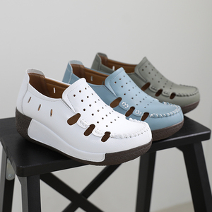 [JSHOE] Baskets compensées à enfiler en cuir Luna pour femme Confort décontracté Semelle souple Chaussures de marche légères - Product Image 1