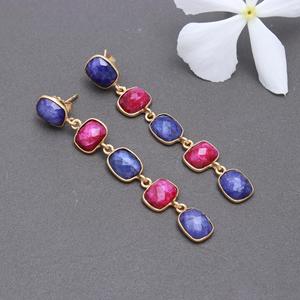 8x8mm uzun yakut safir Dangle küpe 925 ayar gümüş altın kaplama beş taş ince çok taş Dangle çiviler - Product Image 3