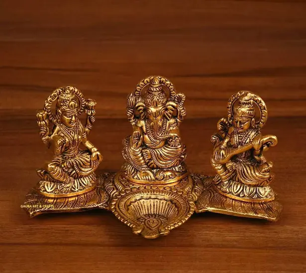 Traditional Metal Crafts Laxmi Ganesh Saraswati Idol Platter with Diya Antique Showpiece Set For Return Gift