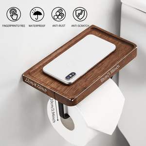 <b>Toilet</b> Paper <b>Holder</b> with Shelf and Storage, Walnut Wood <b>Toilet</b> Paper <b>Roll</b> <b>Holder</b> <b>Wall</b> <b>Mounted</b>, Black Tissue <b>Roll</b> <b>Holder</b> - Product Image 3